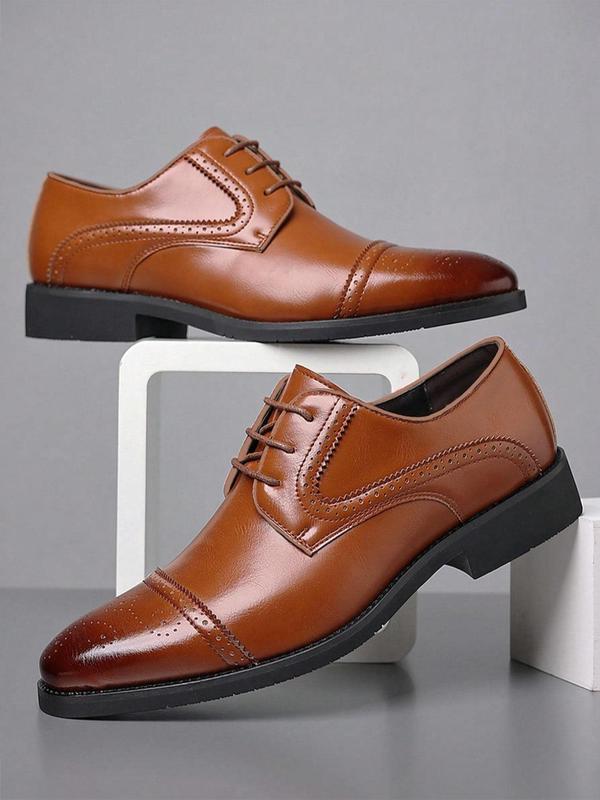 1 Pair Men's Business Solid Color Lace Up Square Toe Dress Shoes, Classic Hollow Out PU Leather Formal Shoes For Work Office, Minimalist Style For Men