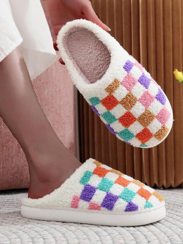 Women's Colorblock Checked Pattern Plush Slippers, Casual Soft Comfortable Home Slide Walking Shoes, Warm Slippers for Indoor & Outdoor Use for All Seasons, 2024 House Shoes