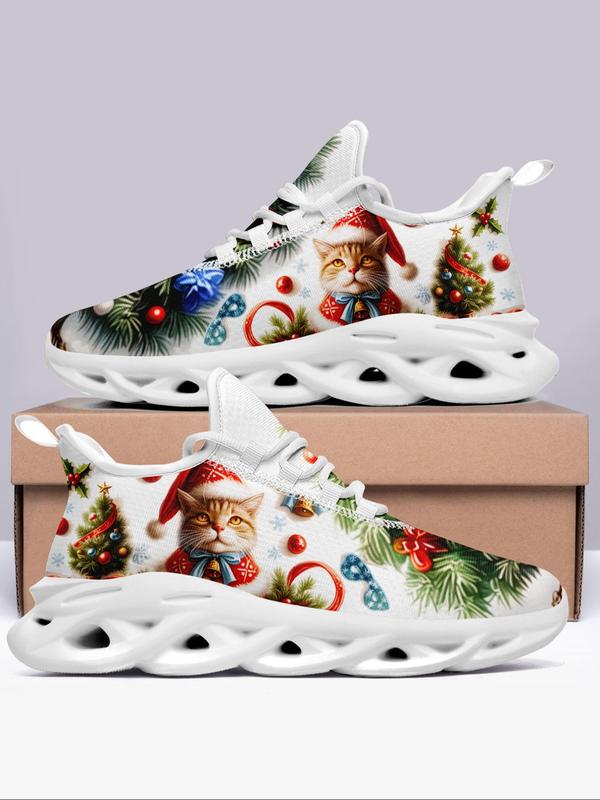 Women's Christmas Themed Lace Up Front Sock Sneakers, Casual Comfortable Breathable Sports Running Shoes, Female All-match Round Toe Shoes for Daily Wear