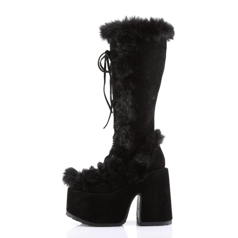 Demonia Camel-311 Black Vegan Suede Knee-high Boots