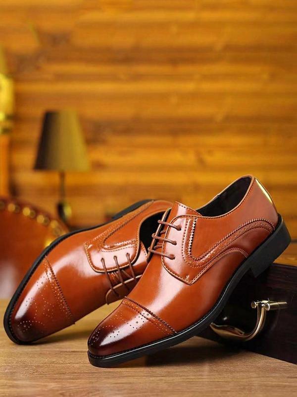 1 Pair Men's Business Solid Color Lace Up Square Toe Dress Shoes, Classic Hollow Out PU Leather Formal Shoes For Work Office, Minimalist Style For Men