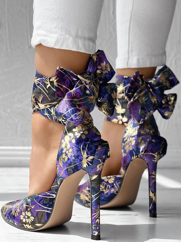 Women's Random Floral Print Stiletto Heels, 2024 Elegant Gorgeous Pointed Toe High Heels for Party, Banquet, Wedding, Fashionable Ankle Strap High Heel Shoes for Women