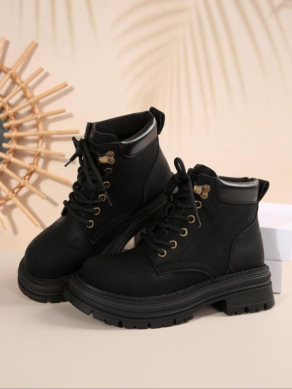 Women's Fashionable Solid Color Lace Up Ankle Boots, Casual Comfortable Round Toe Boots for Fall & Winter, Female All-match Trend Shoes for Daily Wear