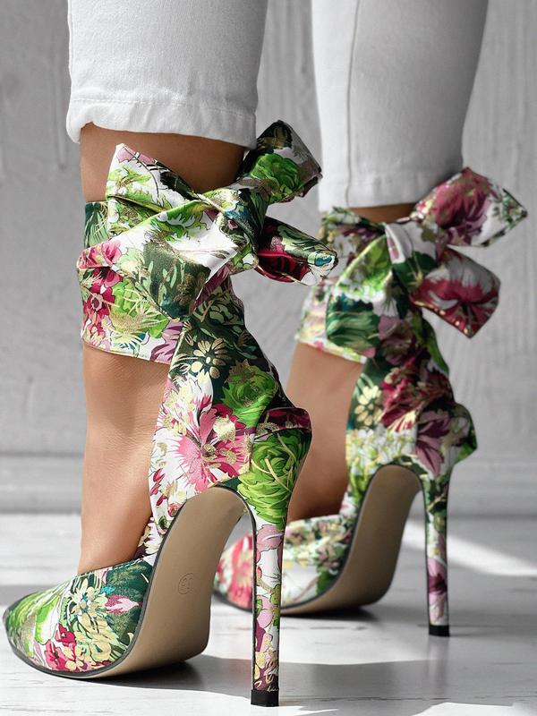 Women's Random Floral Print Stiletto Heels, 2024 Elegant Gorgeous Pointed Toe High Heels for Party, Banquet, Wedding, Fashionable Ankle Strap High Heel Shoes for Women