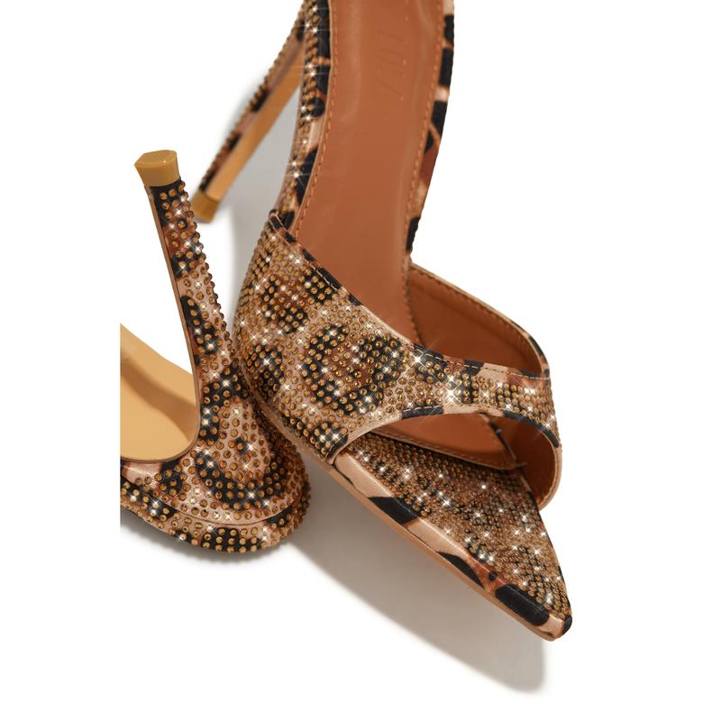 Amiah Embellished High Heel Mules - Leopard