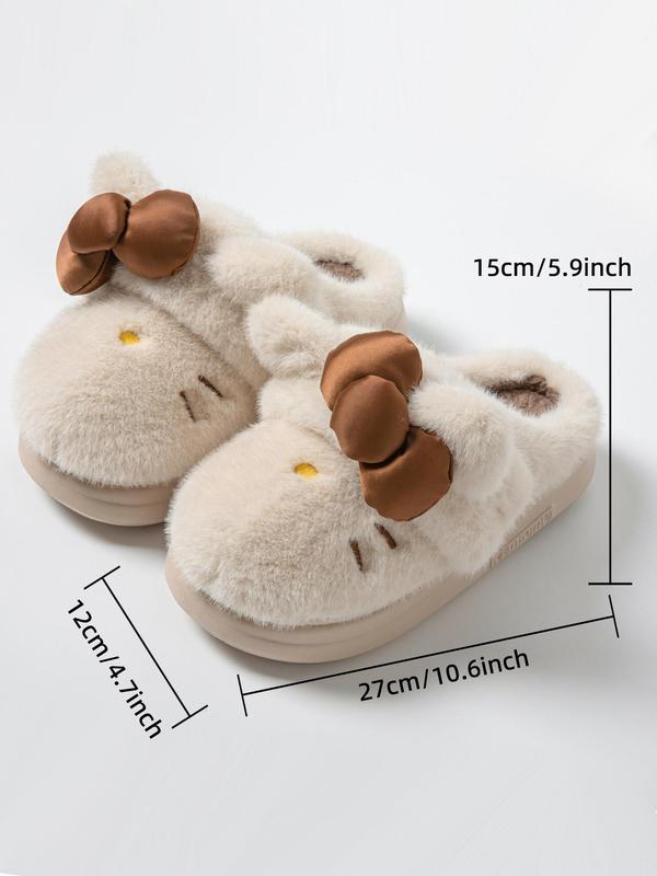 Women's Cute Cartoon Embroidery Bow Decor Plush Slippers, Casual Soft Comfortable Home Slippers, Thick Sole Warm Slippers for Indoor & Outdoor Use for Fall & Winter