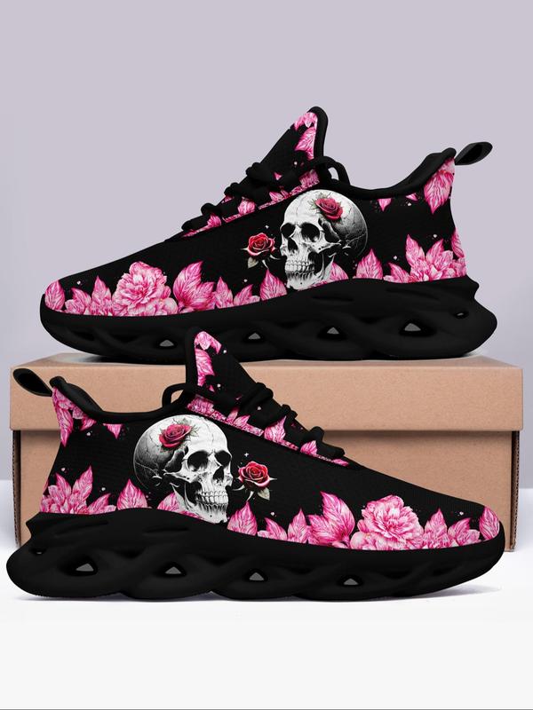 Floral Skull Print Lace Up Mesh Sneakers for Trainer, Casual Sporty Running Shoes for Women, Ventilate Hollow Out 2024 Fall Shoes Soles Athletic Walking Shoes for Women, Fall Outfits, Fall Freshness