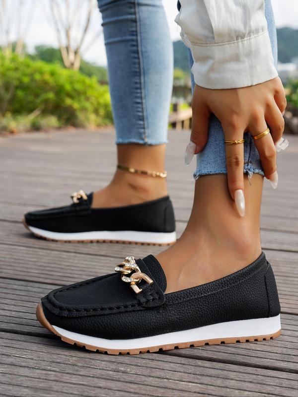 Women's Chain Detail Slip on Walking Shoes, Sporty Comfortable Non-slip Wear-resistant Loafers, Female All-match Round Toe Shoes for Daily Wear