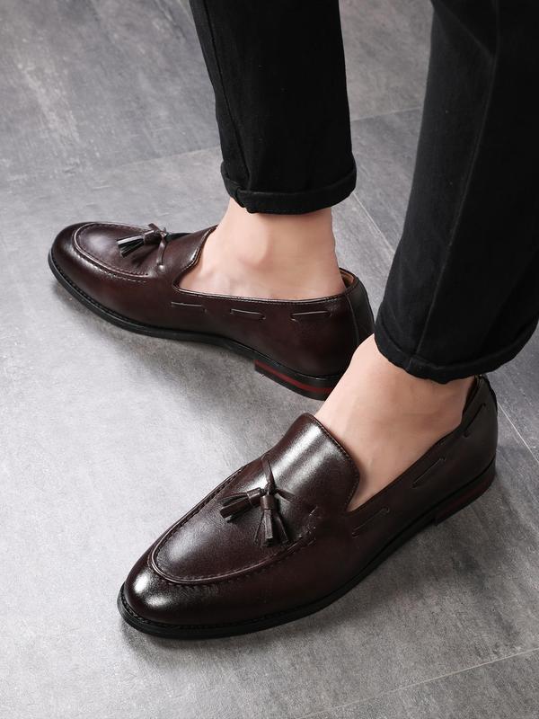 Men's Business Style Solid Color Tassel Decor Slip-on Loafers, Fashionable Pointed Toe Dress Shoes for Work Office, Male All-match Commuter Shoes for Daily Wear