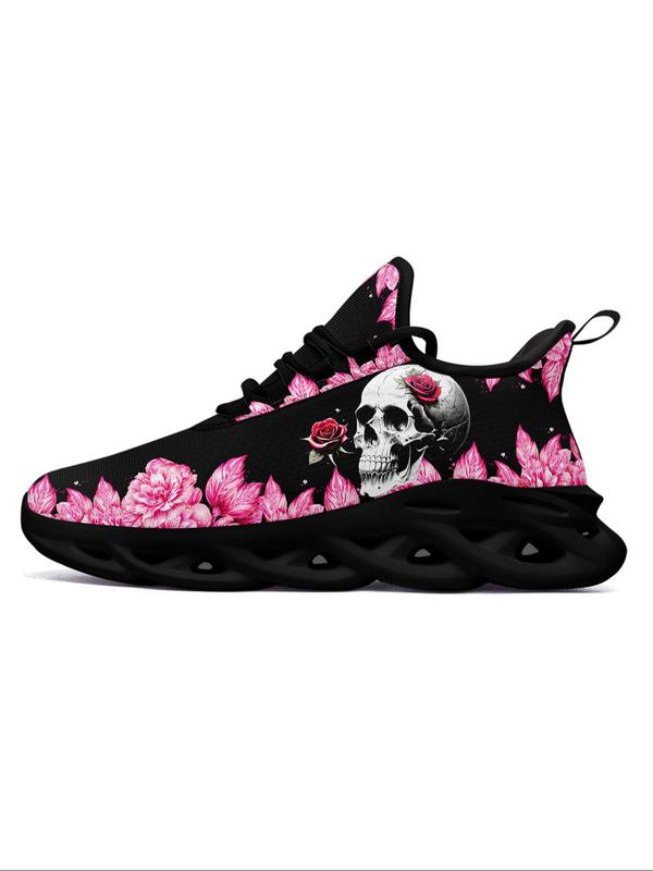 Floral Skull Print Lace Up Mesh Sneakers for Trainer, Casual Sporty Running Shoes for Women, Ventilate Hollow Out 2024 Fall Shoes Soles Athletic Walking Shoes for Women, Fall Outfits, Fall Freshness