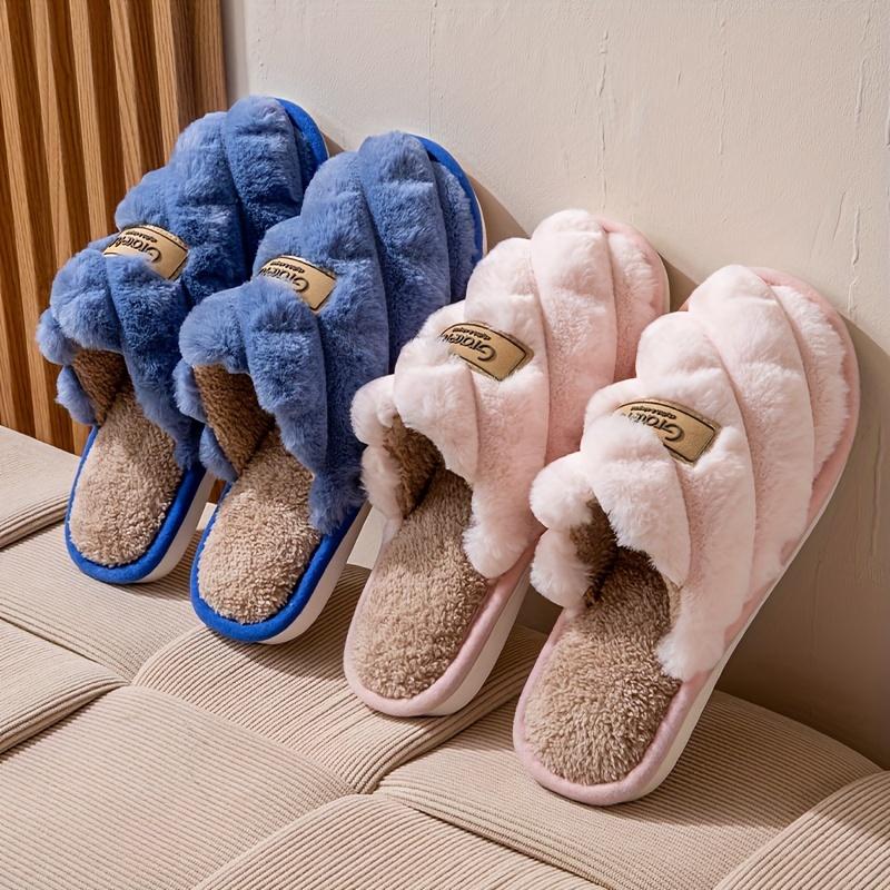 Warm Cozy Plaid Colorblock Slippers for Men & Women - Non-Slip Indoor Home Shoes with Soft Faux Rabbit Fur Lining