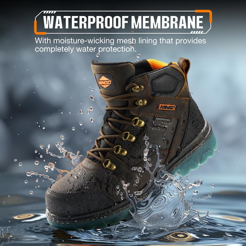 Mens Steel Toe Work Boots, Waterproof Heavy-Duty Safety Boots with Puncture Protection, Oil & Slip Resistant, Round Toe Construction Boots with Breathable Lining, EH Protection, for Industrial