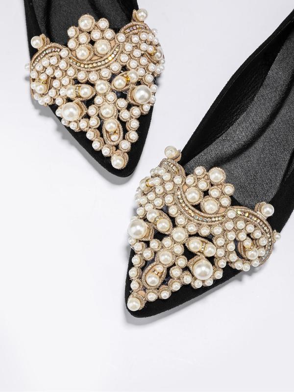 Women's Elegant Faux Pearl Decorated Slip on Flats, Trendy Pointed Toe Flat Shoes, Fashionable Shoes for Daily Wear