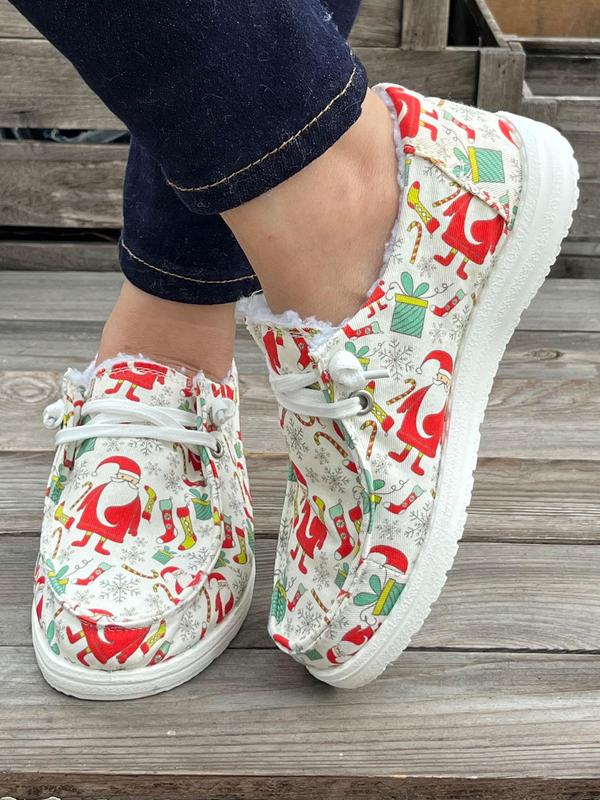 Women's Christmas Print Lace Up Front Plush Lining Sneakers, Casual Comfortable Breathable Sports Shoes, Female All-match Round Toe Shoes for Fall & Winter