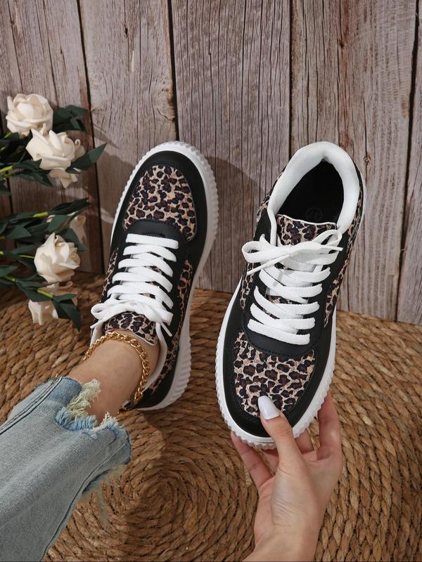 Women's Fashion Leopard Print Lace Up Low Top Sneakers, Casual Comfortable Sports Shoes for Daily Wear, Female Designer All-match Round Toe Shoes for Daily Wear