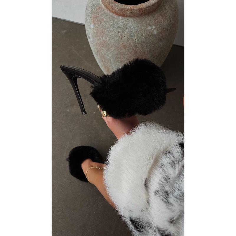 Cherie Faux Fur High Heel Mules - Black