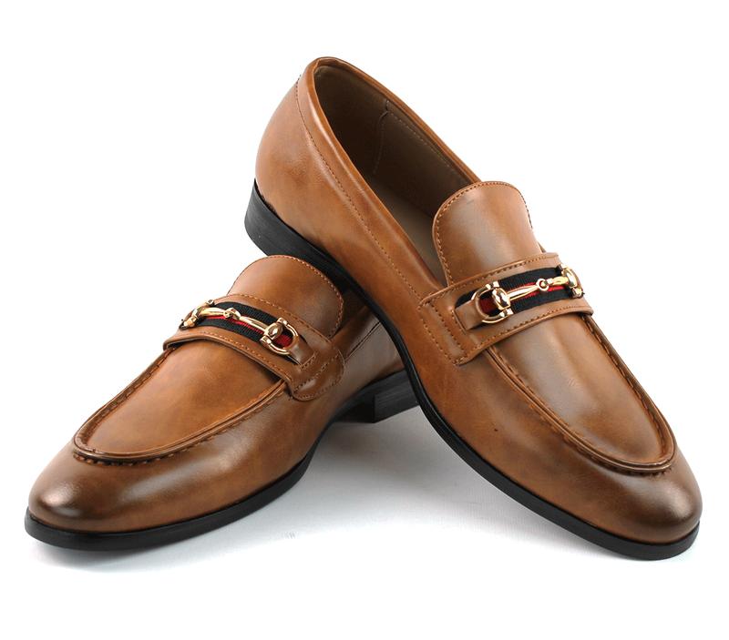 Slip On Cognac Brown Loafers With Gold Buckle Men's Dress Formal Shoes AZARMAN