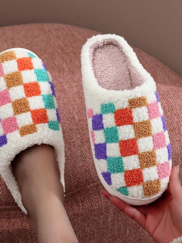 Women's Colorblock Checked Pattern Plush Slippers, Casual Soft Comfortable Home Slide Walking Shoes, Warm Slippers for Indoor & Outdoor Use for All Seasons, 2024 House Shoes