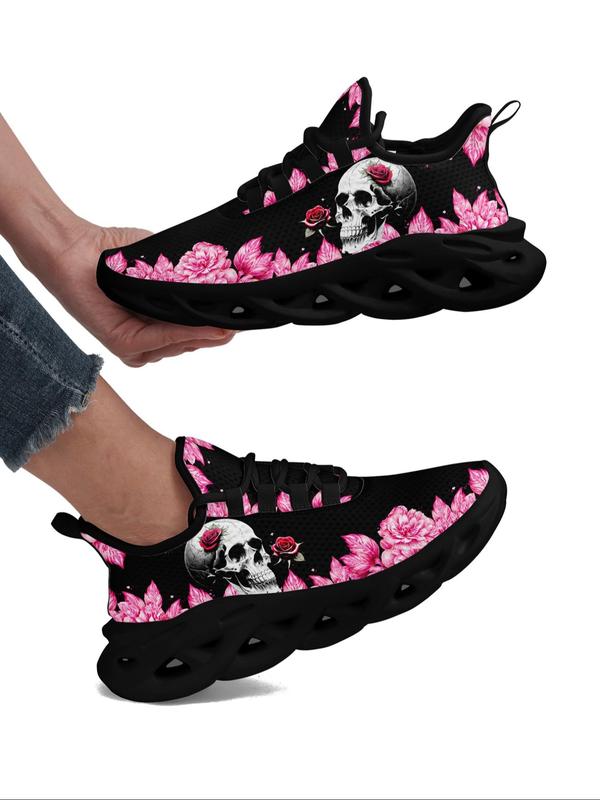 Floral Skull Print Lace Up Mesh Sneakers for Trainer, Casual Sporty Running Shoes for Women, Ventilate Hollow Out 2024 Fall Shoes Soles Athletic Walking Shoes for Women, Fall Outfits, Fall Freshness