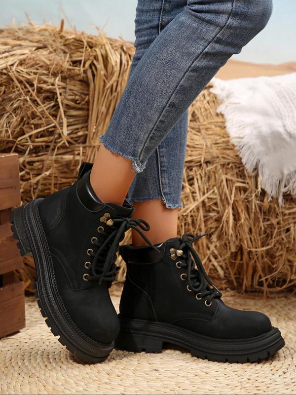 Women's Fashionable Solid Color Lace Up Ankle Boots, Casual Comfortable Round Toe Boots for Fall & Winter, Female All-match Trend Shoes for Daily Wear