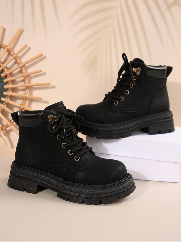 Women's Fashionable Solid Color Lace Up Ankle Boots, Casual Comfortable Round Toe Boots for Fall & Winter, Female All-match Trend Shoes for Daily Wear