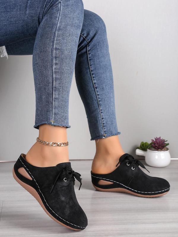 Women's Minimalist Solid Color Hollow Out Design Mule Wedge Shoes, Fashionable Round Toe Lace Up Design Mule Wedges for Summer, Lightweight Breathable Comfortable Shoes for Daily Wear