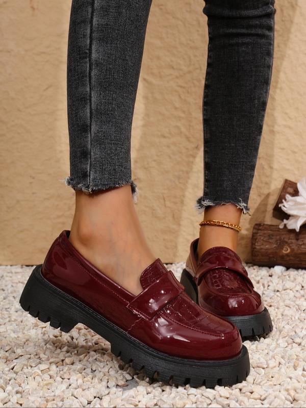 Women's Fashionable Glossy PU Leather Loafers, Casual Comfortable Thick Sole Round Toe Shoes for Daily Wear, All Match Commuter Shoes for Work