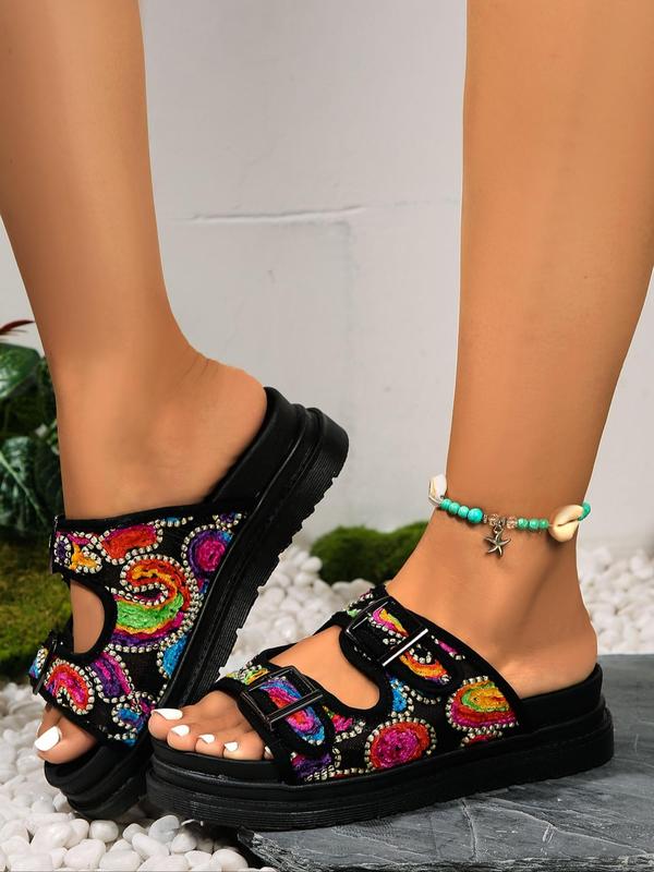 Women's Colorblock Hollow Out Buckle Decor Platform Sandals, Casual Slide Sandals for Summer, Boho Style Beach Women Girls Back To School, Walking Shoes