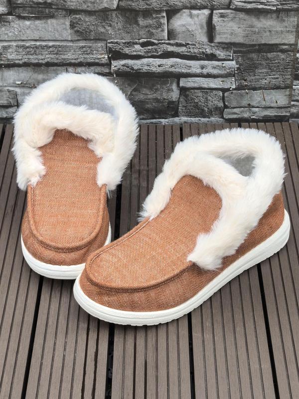 Women's Solid Color Plush Lining Slip on Boots, Casual Soft Comfortable Non-slip Flat Shoes for Fall & Winter, Female All-match Round Toe Shoes for Daily Wear