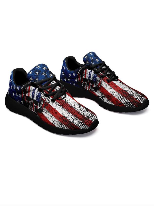 Men's Fashionable Flag & Skull Print Lace Up Low Top Sneakers, Casual Comfortable Breathable Sports Running Shoes, Male All-match Round Toe Casual Shoes for Men, Mens Sneakers