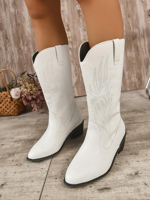 Women's Embroidery Design Western Boots, Classic Trendy Pointed Toe Mid-calf Boots, Fashionable Chunky Heeled Boots for Fall Outfits, Fall Freshness,  Winter Shoes