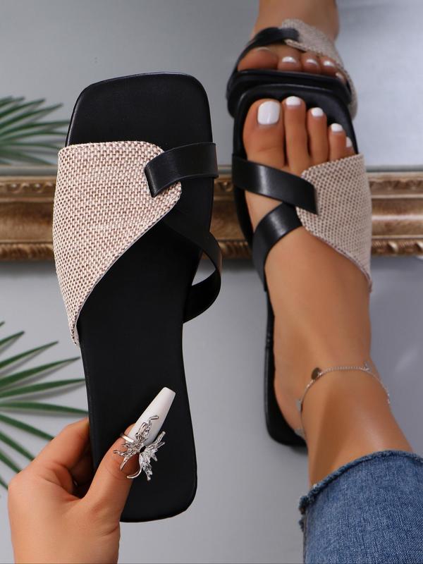 Women's Color-block Square Toe Flat Sandals, Casual Versatile Summer Sandals, Flat Bottomed Slide Sandals for Beach Vacation