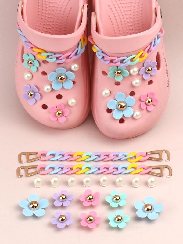 18pcs Novelty Multicolor Chain & Flowers & Faux Pearls Design Shoes Decorations, Fashionable Unique Shoes Accessories Gifts For Clogs Design