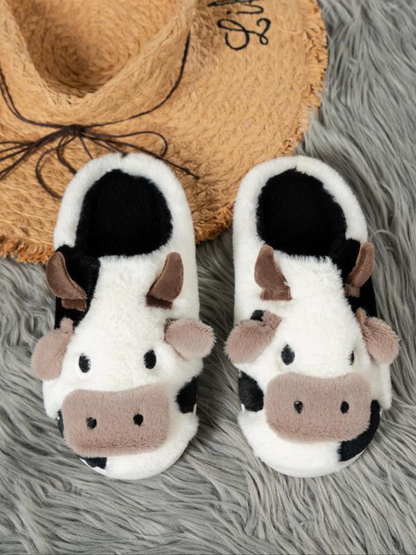 Women's Cute Cow Design Plush Slippers, Warm Bedroom Fuzzy Slippers, Silent Anti-slip Shoes Slippers for Indoor, Outdoor