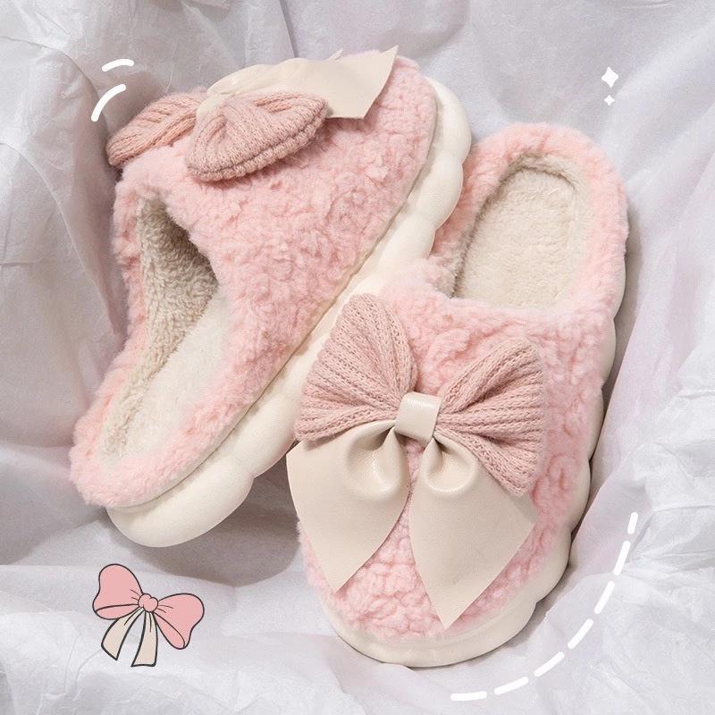 Adorable Bowknot Winter Slippers-Plush & Cozy-Soft Indoor Home Footwear-Warmth & Comfort