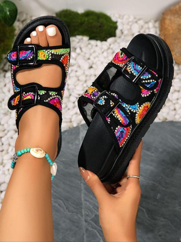 Women's Colorblock Hollow Out Buckle Decor Platform Sandals, Casual Slide Sandals for Summer, Boho Style Beach Women Girls Back To School, Walking Shoes