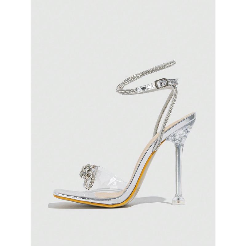 Women's Silver High Heel Sandals With Open Toe, Rhinestone Buckle Strap, Bow Knot, And Transparent Heel, Breathable And Sexy For Summer