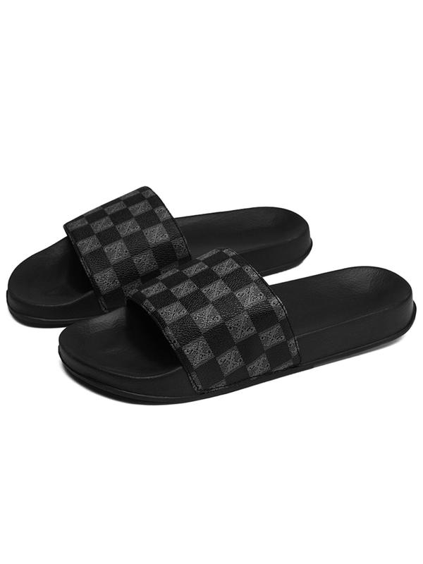 Men's Casual Plaid Pattern Slides, Breathable Comfortable Slides for Summer, Non-slip Shower Slippers for Indoor Outdoor Beach