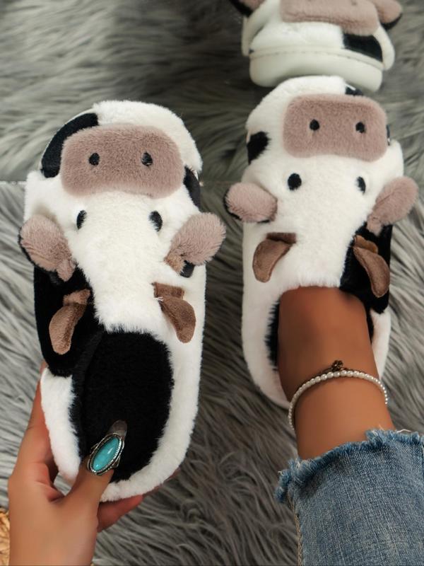 Women's Cute Cow Design Plush Slippers, Warm Bedroom Fuzzy Slippers, Silent Anti-slip Shoes Slippers for Indoor, Outdoor