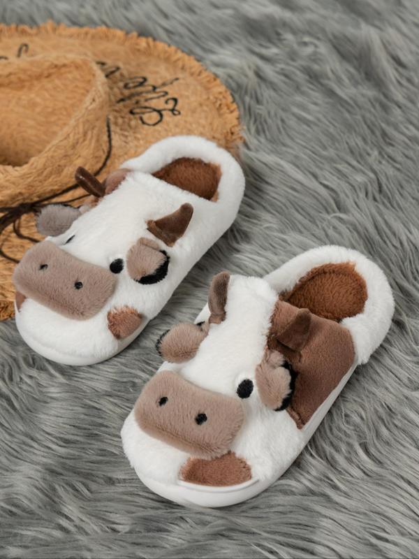 Women's Cute Cow Design Plush Slippers, Warm Bedroom Fuzzy Slippers, Silent Anti-slip Shoes Slippers for Indoor, Outdoor