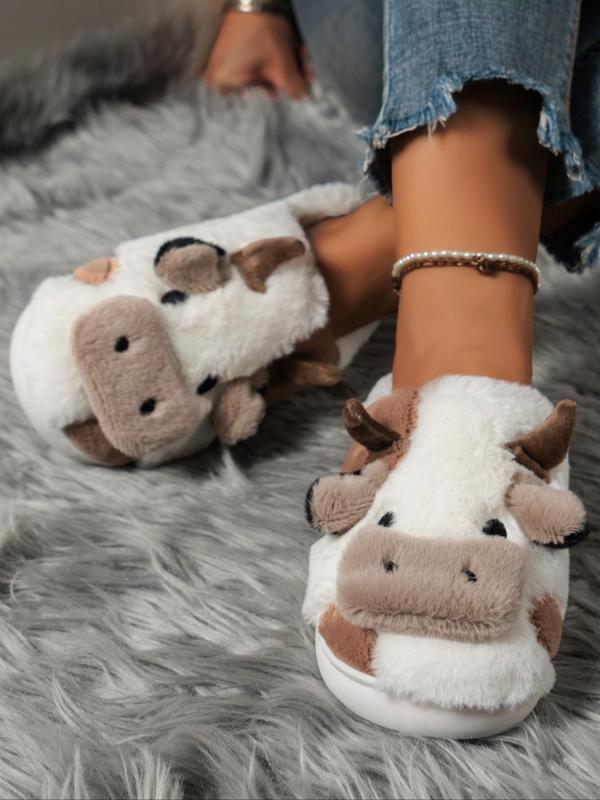 Women's Cute Cow Design Plush Slippers, Warm Bedroom Fuzzy Slippers, Silent Anti-slip Shoes Slippers for Indoor, Outdoor