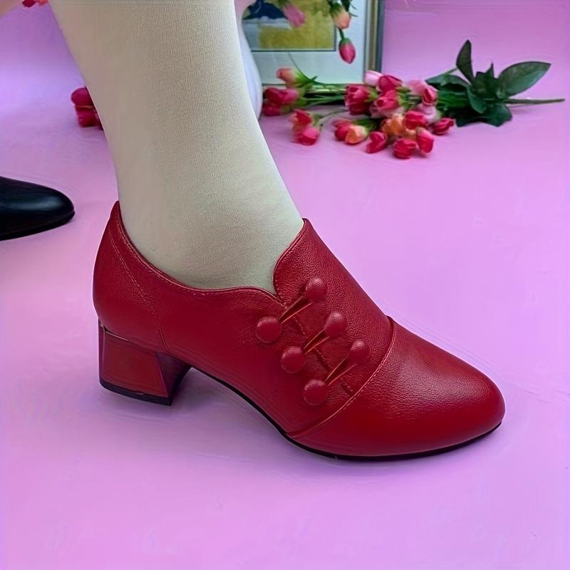 Women's Solid Color Chunky Heel Shoes, Casual Pointed Artificial Leather Shoes, Comfortable Slip-on High Heels Footwear Walking Shoes