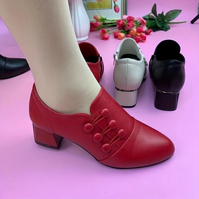 Women's Solid Color Chunky Heel Shoes, Casual Pointed Artificial Leather Shoes, Comfortable Slip-on High Heels Footwear Walking Shoes