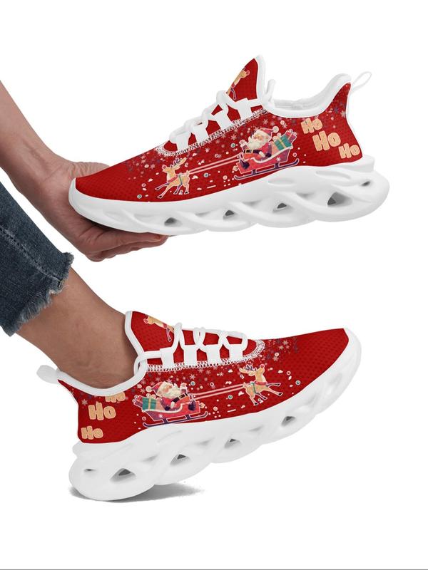 Women's Christmas Theme Santa Claus & Elk Pattern Sneakers, Comfortable Breathable Blade Sole Sports Running Shoes, Female All-match Round Toe Shoes for Daily Wear