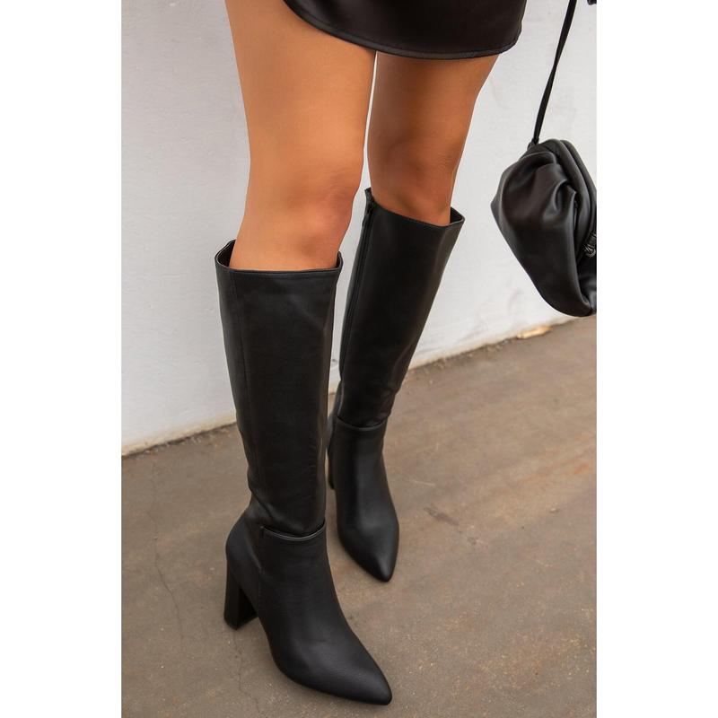 Fine Time Block Heel Knee High Boots - Black