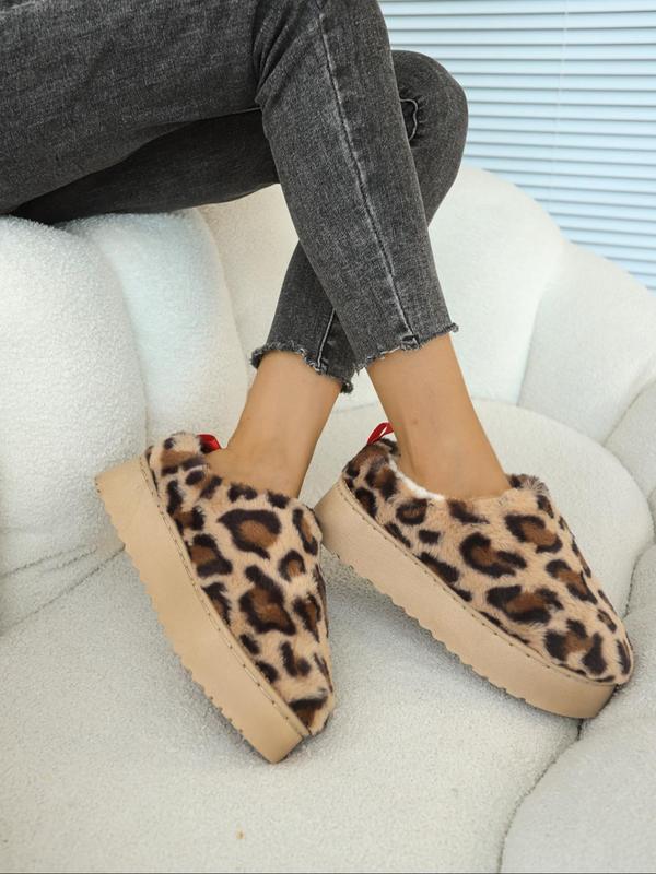 Women's Fashion Leopard Print Plush Slip on Snow Boots, Casual Comfortable Home Slippers, Warm Soft Fluffy Shoes for Indoor & Outdoor Wear