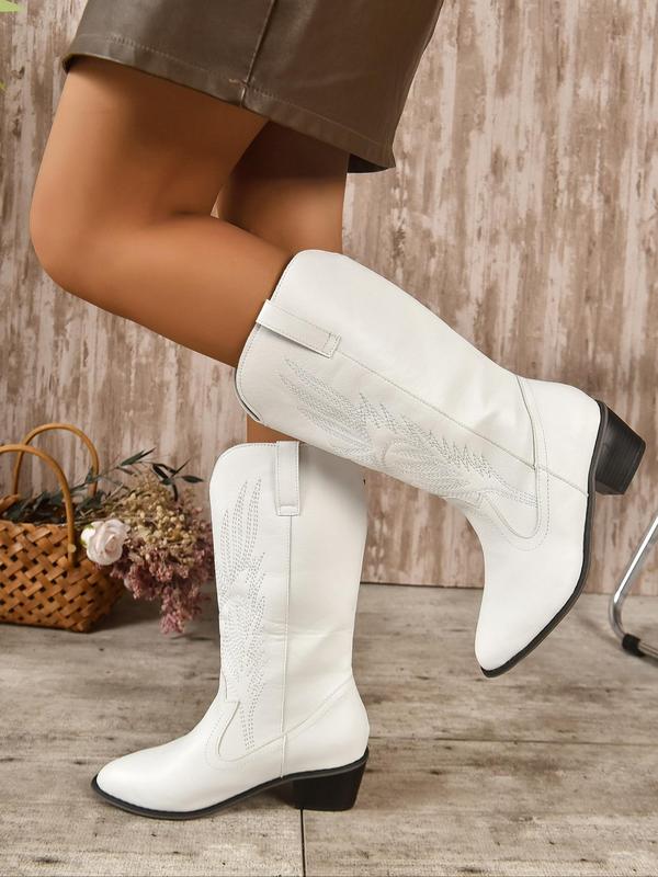 Women's Embroidery Design Western Boots, Classic Trendy Pointed Toe Mid-calf Boots, Fashionable Chunky Heeled Boots for Fall Outfits, Fall Freshness,  Winter Shoes