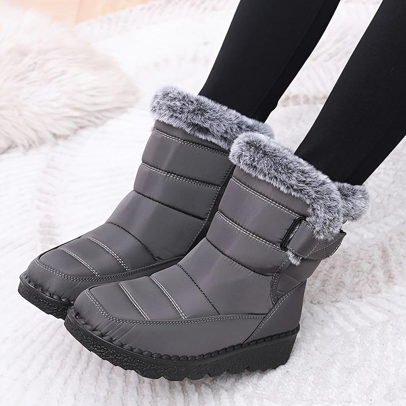 Women's Thermal Mid Calf Snow Boots - Faux Fur Lined, Round Toe, Hook & Loop Fastener, Adjustable Outer Sneakers for Warm Winter Wear