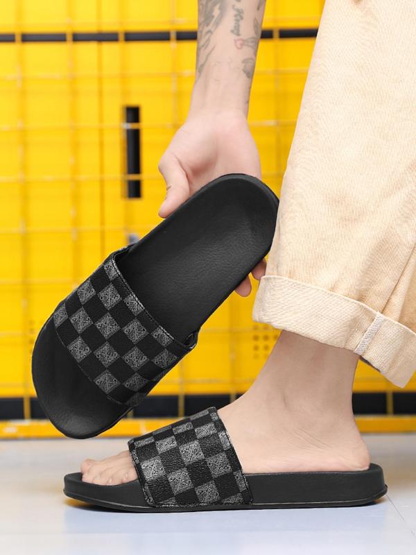 Men's Casual Plaid Pattern Slides, Breathable Comfortable Slides for Summer, Non-slip Shower Slippers for Indoor Outdoor Beach