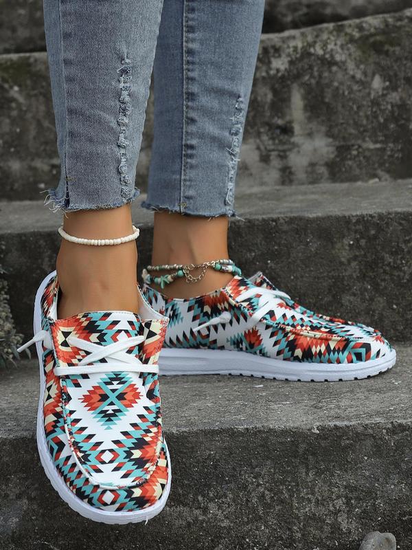 Women's Casual Graphic Print Loafers, Geometric Print Round Toe Sneakers, Canvas Non-slip Sneakers for Women & Girls, Slip-on Shoes for Work for Daily Wear